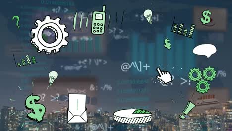 Animation-of-business-icons-on-digital-interface-and-data-processing-over-city-at-night