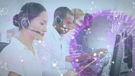Animation-of-globe-and-connections-over-business-people-wearing-phone-headsets