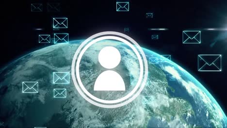 Animation-of-person-icon-and-email-envelopes-moving-over-globe-rotating,-on-black