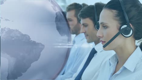 Animation-of-globe-over-business-people-wearing-phone-headsets