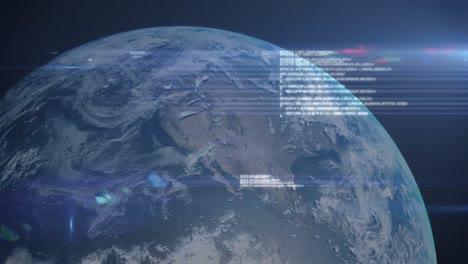 Animation-Der-Datenverarbeitung-Und-Leuchtende-Lichtspuren-über-Dem-Planeten-Erde