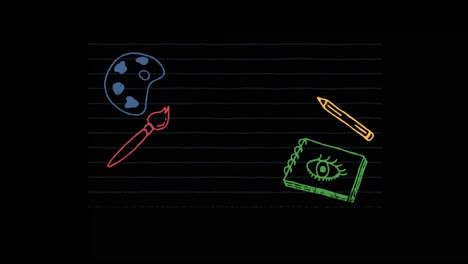 Animation-of-arts-and-school-education-icons-over-black-background