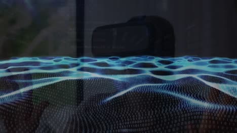 Animation-of-waves-of-binary-coding-over-person-wearing-vr-headset