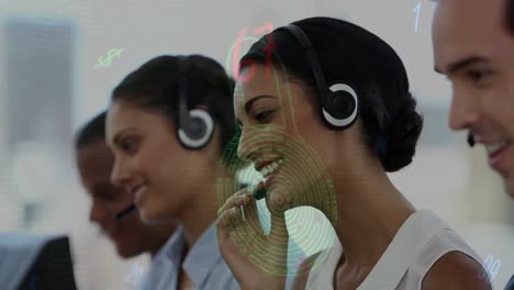 Animation-of-security-padlock-over-business-people-wearing-phone-headsets