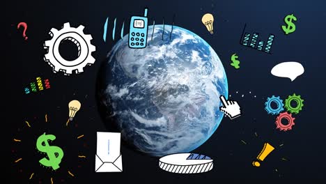 Animation-Eines-Netzwerks-Digitaler-Geschäftssymbole-über-Dem-Planeten-Erde