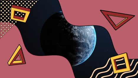 Animation-of-retro-abstract-shapes-over-planet-earth