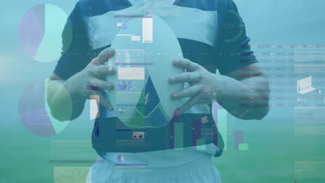 Animation-Von-Statistiken-Und-Datenverarbeitung-über-Einen-Kaukasischen-Rugbyspieler,-Der-Den-Ball-Hält
