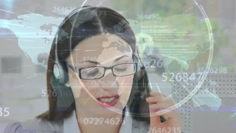 Animation-of-network-of-connection-with-icons-over-businesswoman-wearing-phone-headset