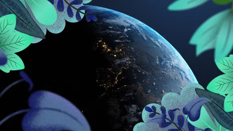 Animation-of-leaves-and-plants-frame-over-planet-earth