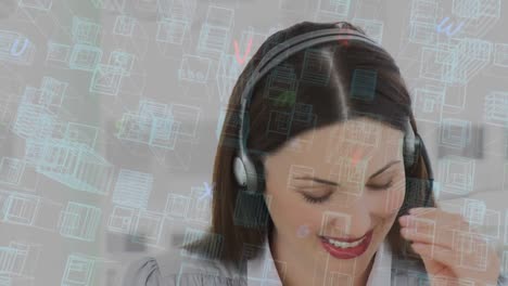 Animation-of-city-plan-and-letters-over-businesswoman-wearing-phone-headset