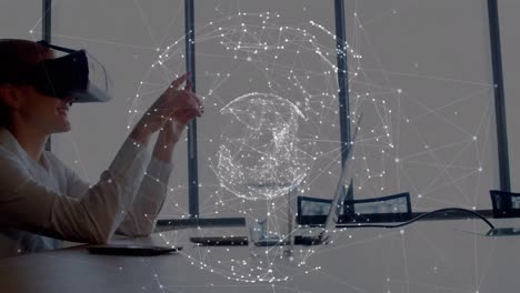 Animation-of-globe-of-network-of-connections-over-woman-wearing-vr-headset