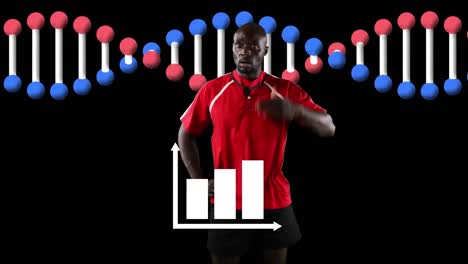 Animation-of-statistics-over-sportsman-and-rotating-dna-strand