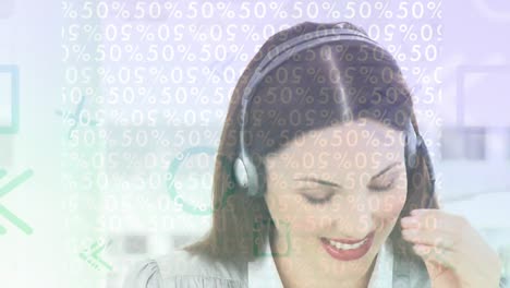 Animation-of-shapes-and-numbers-over-businesswoman-wearing-phone-headset