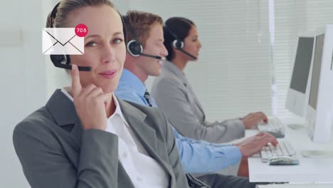 Animation-of-numbers-changing-and-icon-over-business-people-wearing-phone-headsets