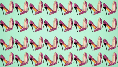 Animation-of-pink-high-heels-repeated-on-green-backgroud
