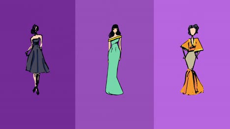 Animation-of-fashion-drawings-of-model-on-purple-background