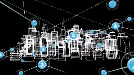Animation-of-network-of-connections-with-icons-over-3d-city-drawing