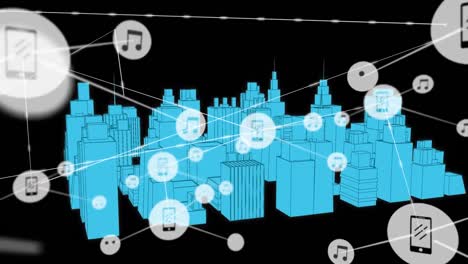 Animation-of-networks-of-connections-with-icons-over-3d-city-drawing-spinning-on-black-background