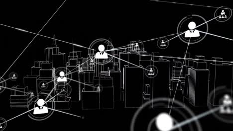 Animation-Von-Verbindungsnetzwerken-Mit-Symbolen-über-Einer-3D-Stadtzeichnung,-Die-Sich-Auf-Schwarzem-Hintergrund-Dreht