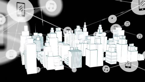 Animation-Von-Verbindungsnetzwerken-Mit-Symbolen-über-Einer-3D-Stadtzeichnung,-Die-Sich-Auf-Schwarzem-Hintergrund-Dreht