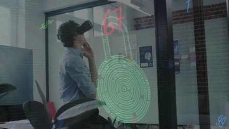 Animation-of-biometric-fingerprint-over-businessman-wearing-vr-headset-in-office