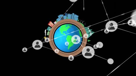 Animation-of-networks-of-connections-with-icons-over-globe-spinning-on-black-background