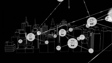 Animación-De-Redes-De-Conexiones-Con-íconos-Sobre-Dibujos-De-Ciudades-En-3d-Girando-Sobre-Fondo-Negro
