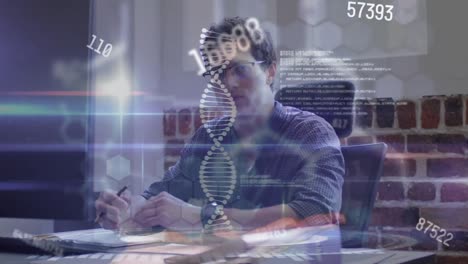 Animation-Des-DNA-Strangs-Und-Der-Zahlenverarbeitung-über-Einem-Geschäftsmann-Im-Büro