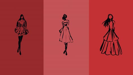 Animation-of-fashion-drawings-of-model-on-red-background