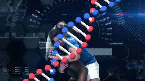 Animation-Der-Datenverarbeitung-Und-Des-DNA-Strangs-über-Rugbyspielern