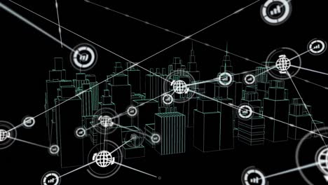 Animation-of-networks-of-connections-with-icons-over-3d-city-drawing-spinning-on-black-background