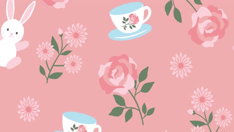Animation-of-rabbit-cup-and-flowers-repeated-on-pink-backgroud