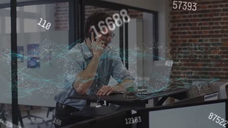 Animation-of-connections-and-numbers-over-businessman-using-smartphone-in-office