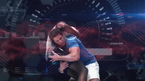 Animation-Der-Datenverarbeitung-Und-Des-Zielfernrohrscans-über-Rugbyspielern