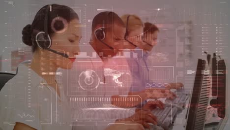 Animation-of-data-processing-over-business-people-using-phone-headsets-in-office