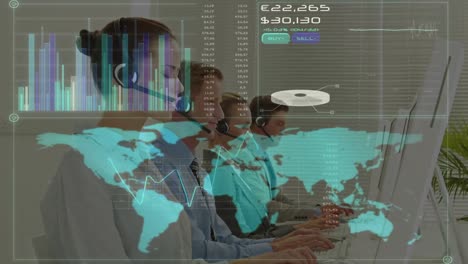 Animation-of-data-processing-and-world-map-over-business-people-using-phone-headsets