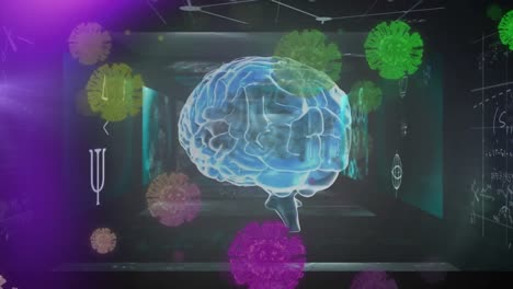 Animation-Von-Covid-19-Zellen-Mit-Menschlichem-Gehirn,-Das-Sich-Dreht,-Und-Bildschirmen-Mit-Datenverarbeitung