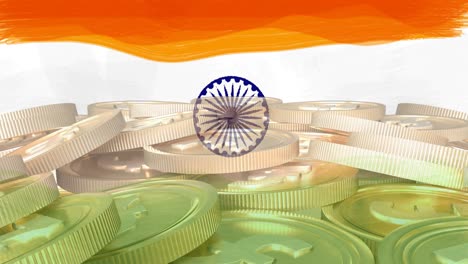 Animation-Der-Flagge-Indiens-über-Einem-Stapel-Goldmünzen