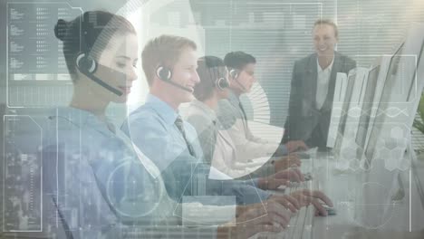 Animation-of-financial-data-processing-over-business-people-wearing-headsets-working-in-office
