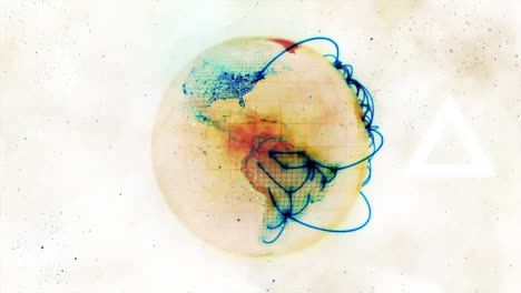 Animation-Eines-Pulsierenden-Weißen-Dreiecks-Und-Kreises-über-Rotierendem-Globus-Mit-Blauem-Netzwerk