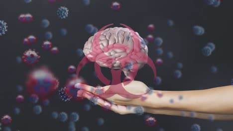 Animation-Von-Covid-19-Zellen-Mit-Sich-Drehendem-Menschlichen-Gehirn-Und-Biogefährdungszeichen-über-Weiblichen-Händen