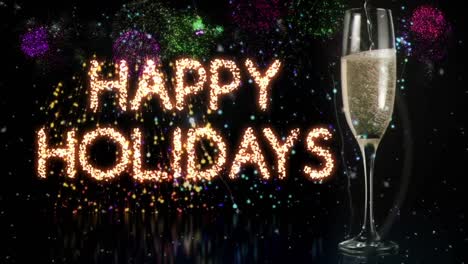 Animation-of-happy-holidays-text-over-glass-of-champagne-and-fireworks