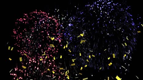 Animation-of-confetti-falling-over-multi-coloured-fireworks-exploding