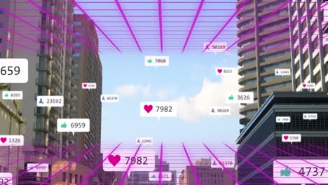 Animation-of-social-media-notifications-with-pink-grid-over-blue-sky-and-city-buildings