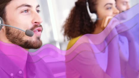 Animation-of-purple-waves-over-business-people-wearing-phone-headsets
