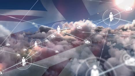 Networks-of-connections-with-icons-over-cloudy-sky-with-british-flag