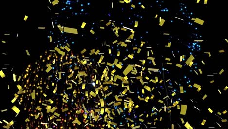 Animation-of-confetti-falling-over-multi-coloured-fireworks-exploding