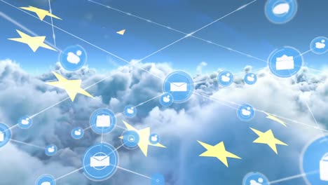 Networks-of-connections-with-icons-over-cloudy-sky-with-european-union-flag
