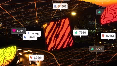 Animation-of-orange-patterns-with-social-media-notifications-over-city-at-sunset