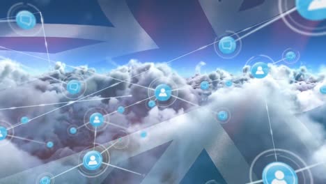 Networks-of-connections-with-icons-over-cloudy-sky-with-british-flag
